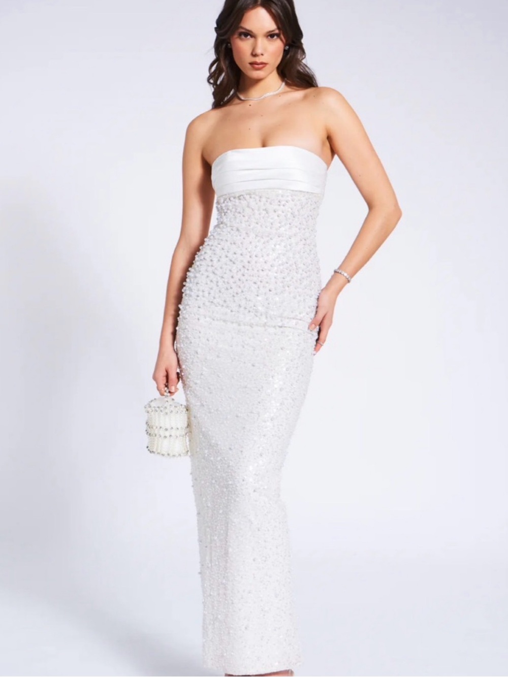 Strapless White Sequin Column Gown